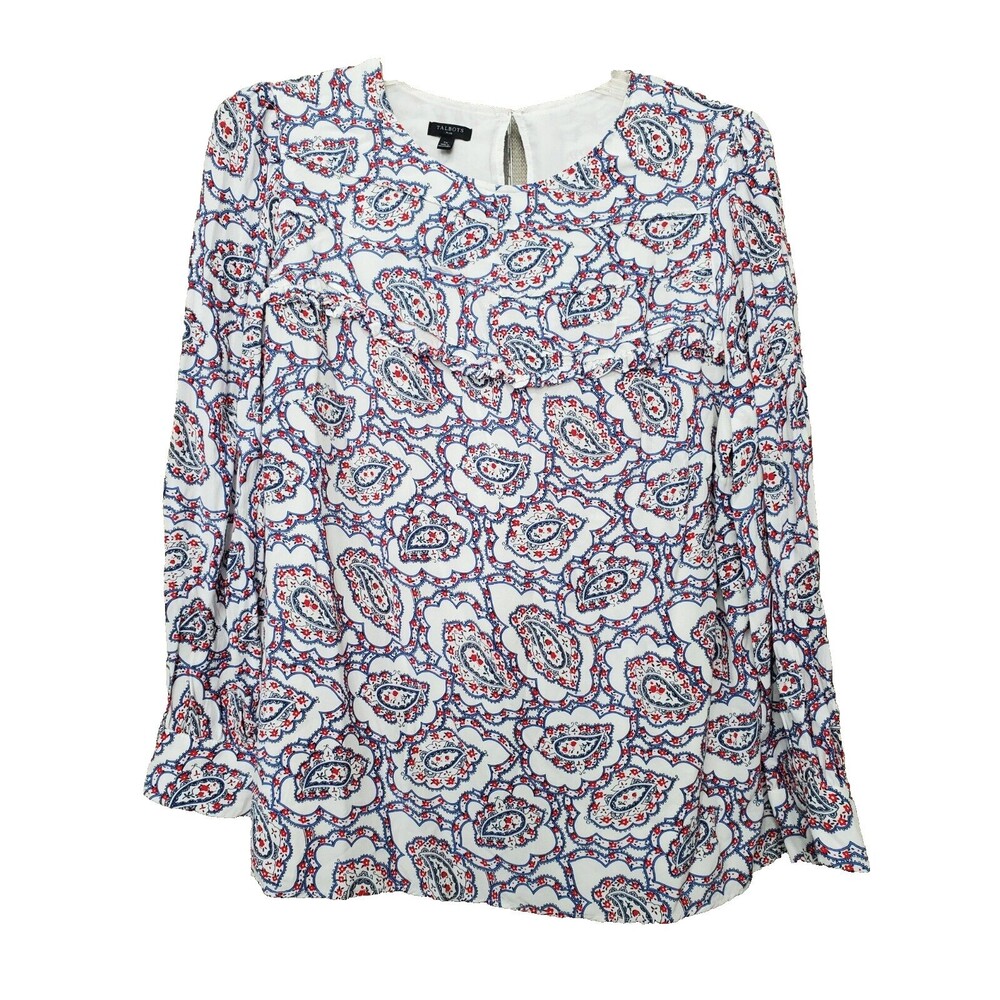 TALBOTS Plus Pintuck Yoke Paisley Ruffle Accent Keyhole Back Long Slv Blouse 1X